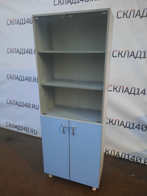 Купить Стойка витрина лдсп серо-синий 2 двери 70/35/190