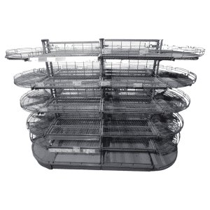 Стеллаж торговый островной радиусный сетчатый серый 215/93/162 5 полок (с ограничителем)